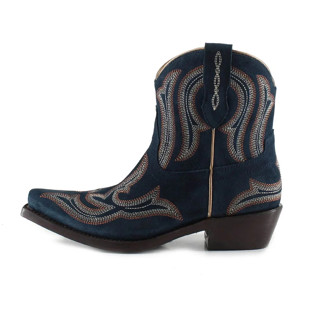 Snip Toe Block Low Heel Embroidered Navy Cowboy Boots for Women