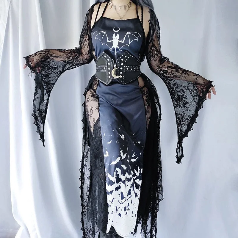 Sonicelife Halloween Gothic Punk Mesh Cardigan Women Streetwear Altgoth See Through Long Sleeve Long  Chiffon Shirt Outfit Female