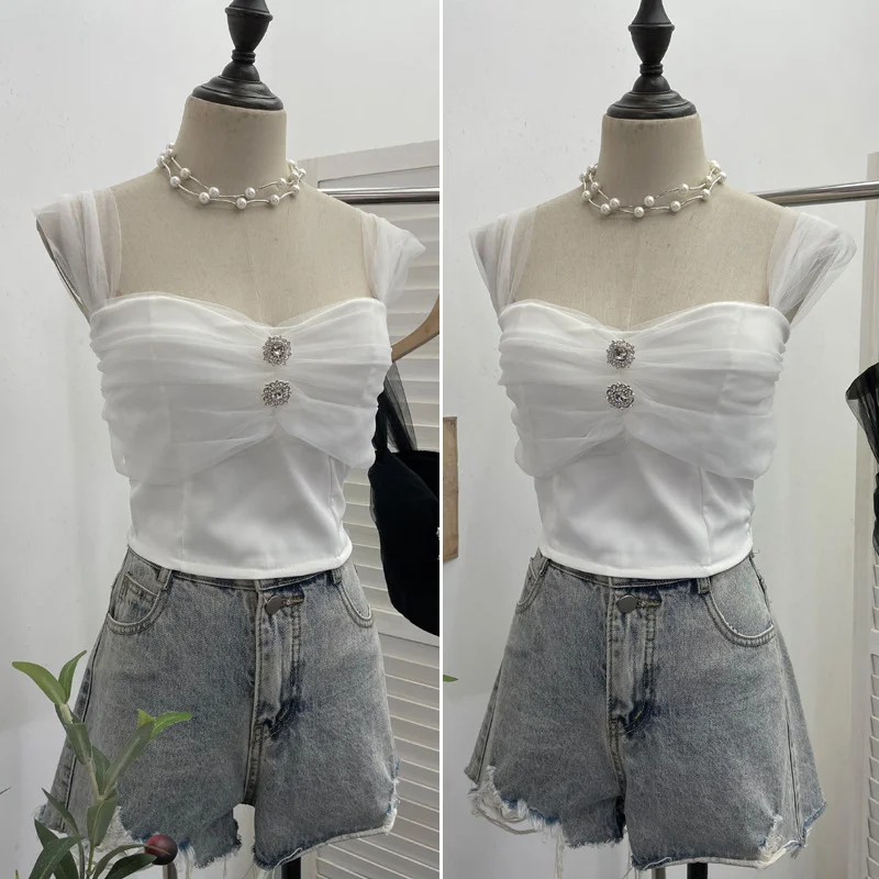 Nigikala Nigikala Shooting Net Red Pure Lust Folding Net Yarn Splicing Sling Sling Vest Bratie Short Sleeveless Top 8039