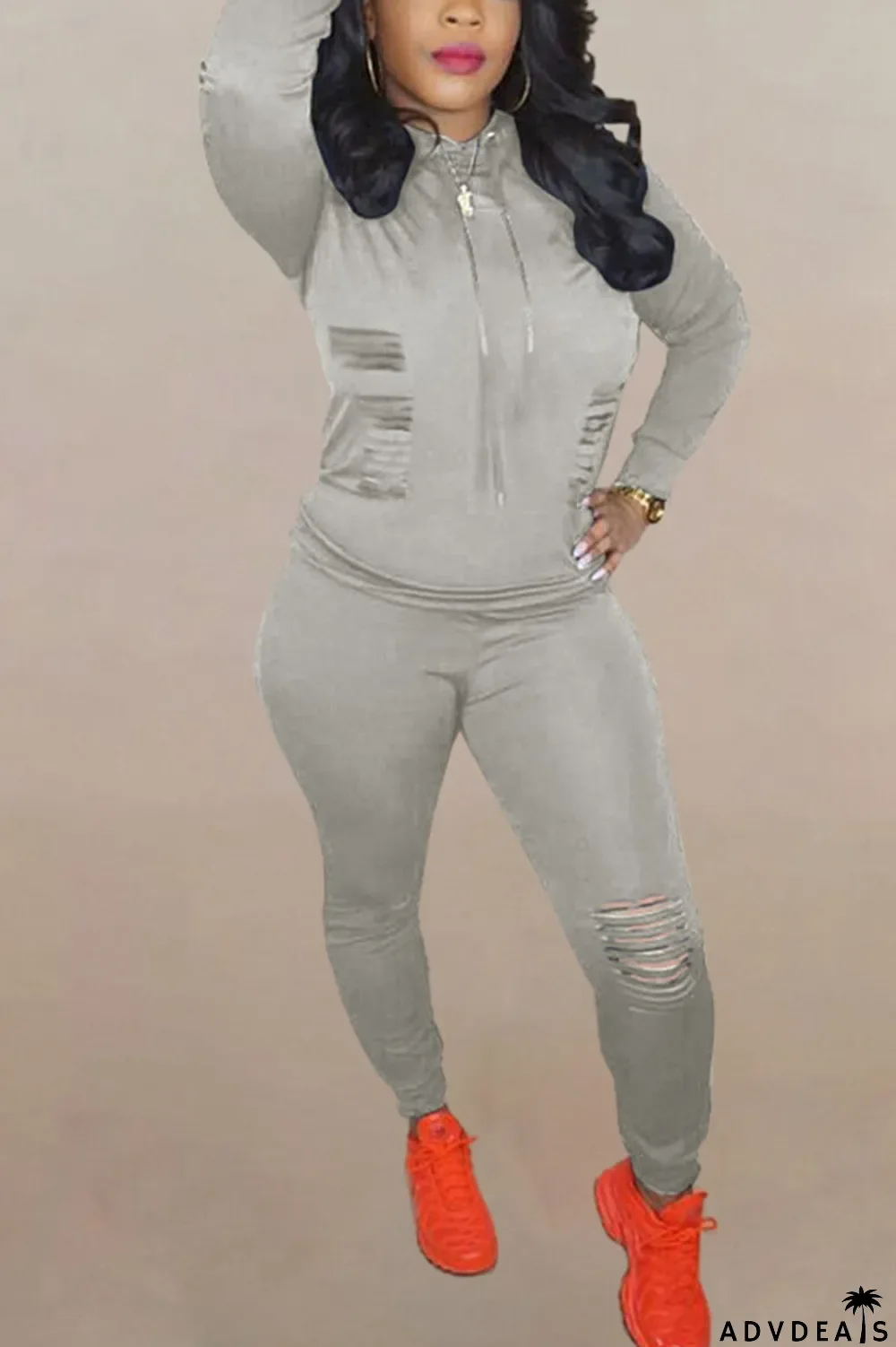 Brown Fashion Solid Ripped Hooded Collar Long Sleeve Two Pieces