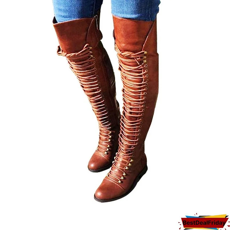 Winter Autumn Leather Motor Crisscross Bandage Knee High Boots Shoes Casual Stylish Sexy