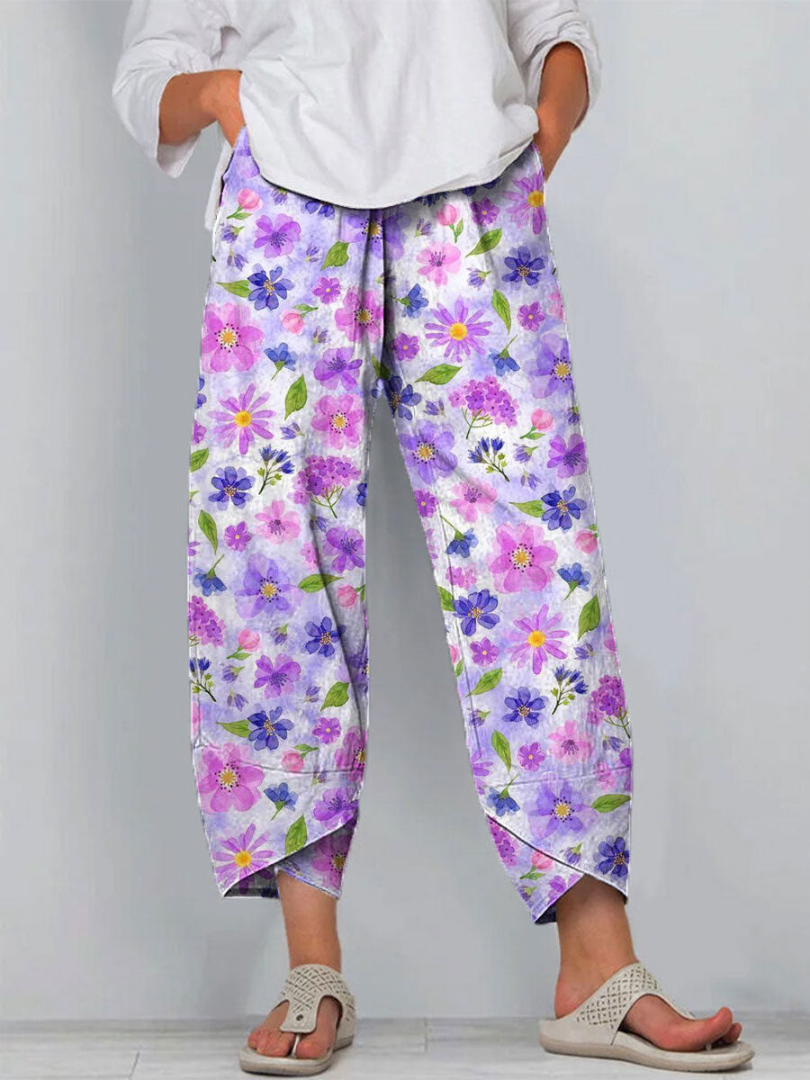 Women's Vintage Floral Art Print Cotton And Linen Casual Pants