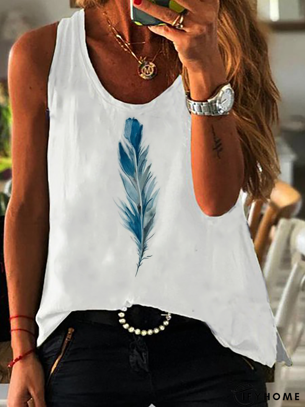 Plus size Feather Printed Casual Boho T-shirt | IFYHOME