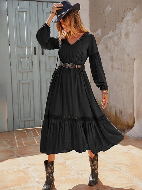 Vacation Long Sleeves Solid Color V-Neck Midi Dress