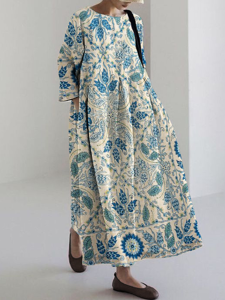 Comstylish Elegant Floral Suzani Embroidered Pattern Linen Maxi Dress