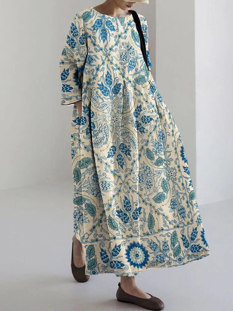 Elegant Floral Suzani Embroidered Pattern Linen Maxi Dress