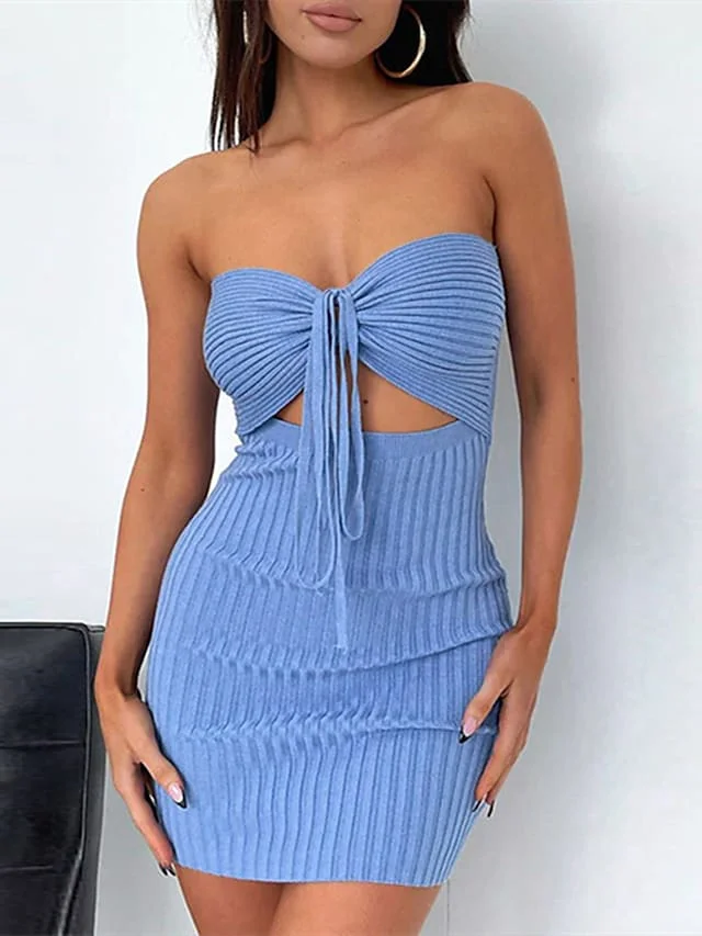 Women‘s Sweater Dress Bodycon Sheath Dress Mini Dress Pink Blue Green Sleeveless Pure Color Cut Out Winter Fall Spring Strapless Fashion 2022 S M L | IFYHOME
