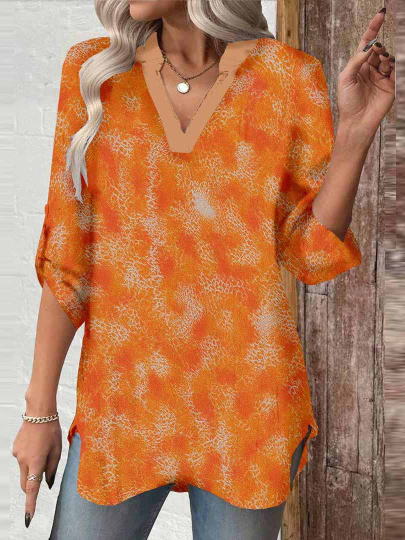 Women Textured, Orange DZGA0189 3/4 Sleeve V-neck Printed Graphic Button Tops