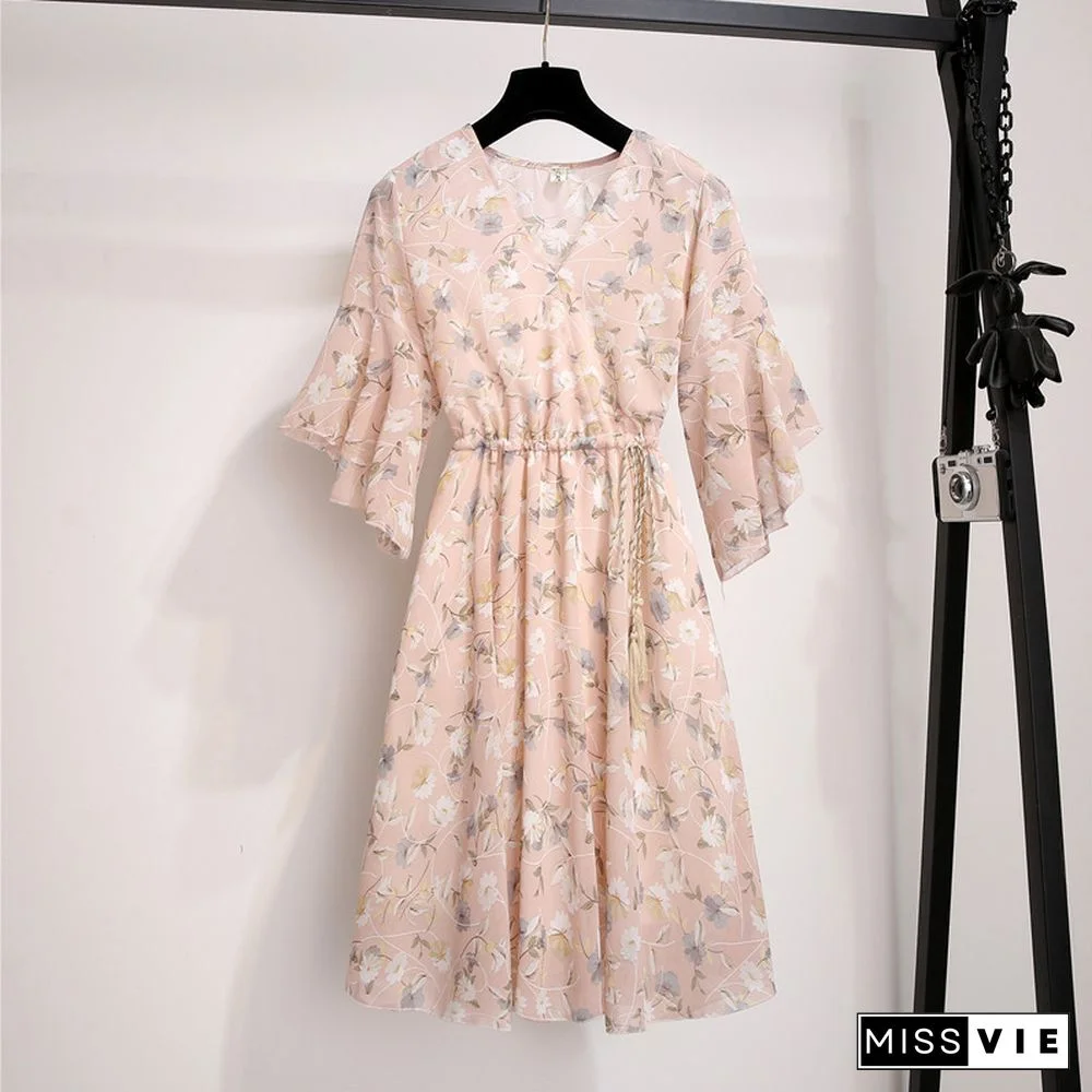 Spring Summer Chiffon Dress Women Knee Length V-Neck Print Dresses Sweet Ruffle Sleeeve Slim New Casual Drawstring Women Dress