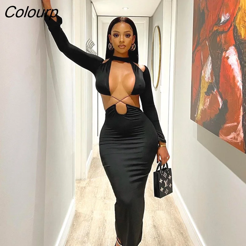 Colourp Sexy Y2K Clothes Hollow Out Long Sleeve O-Neck Backless Crop Bodycon Midi Dress For Women 2023 Club Party Elegant Outfit