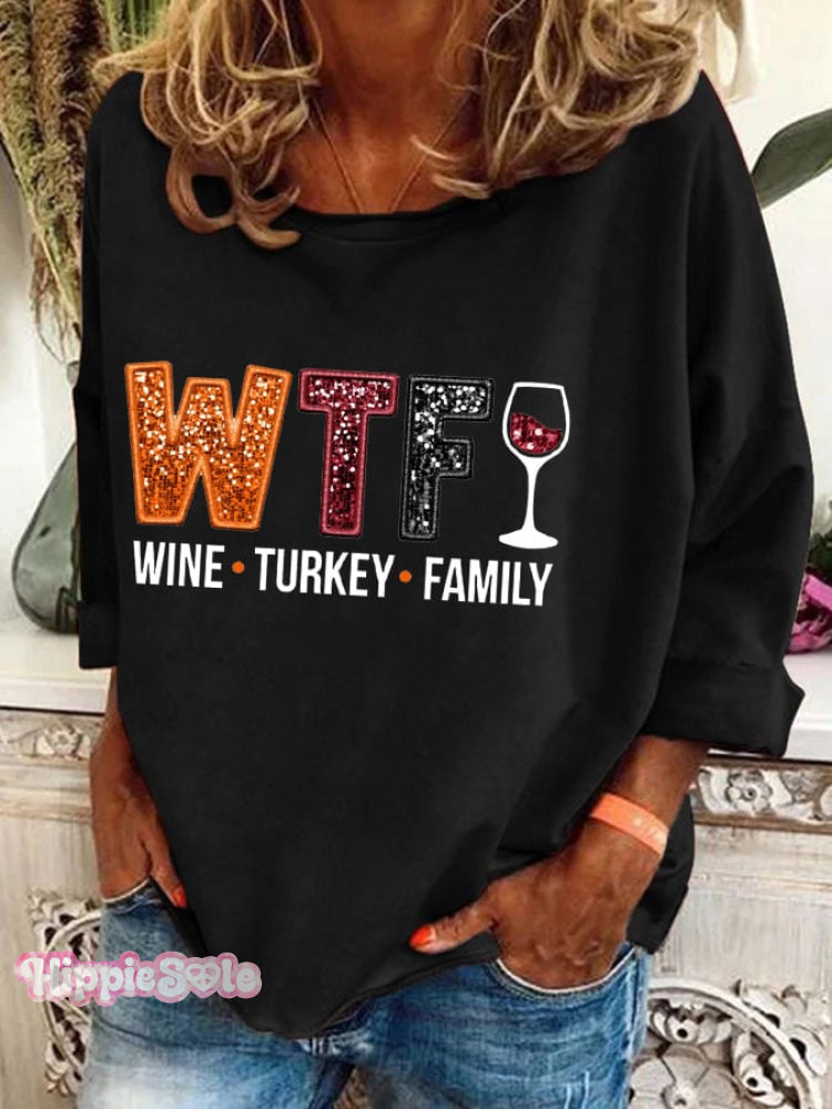 Women’s Wtf Wine Turkey Family Print Sweatshirt Black / S