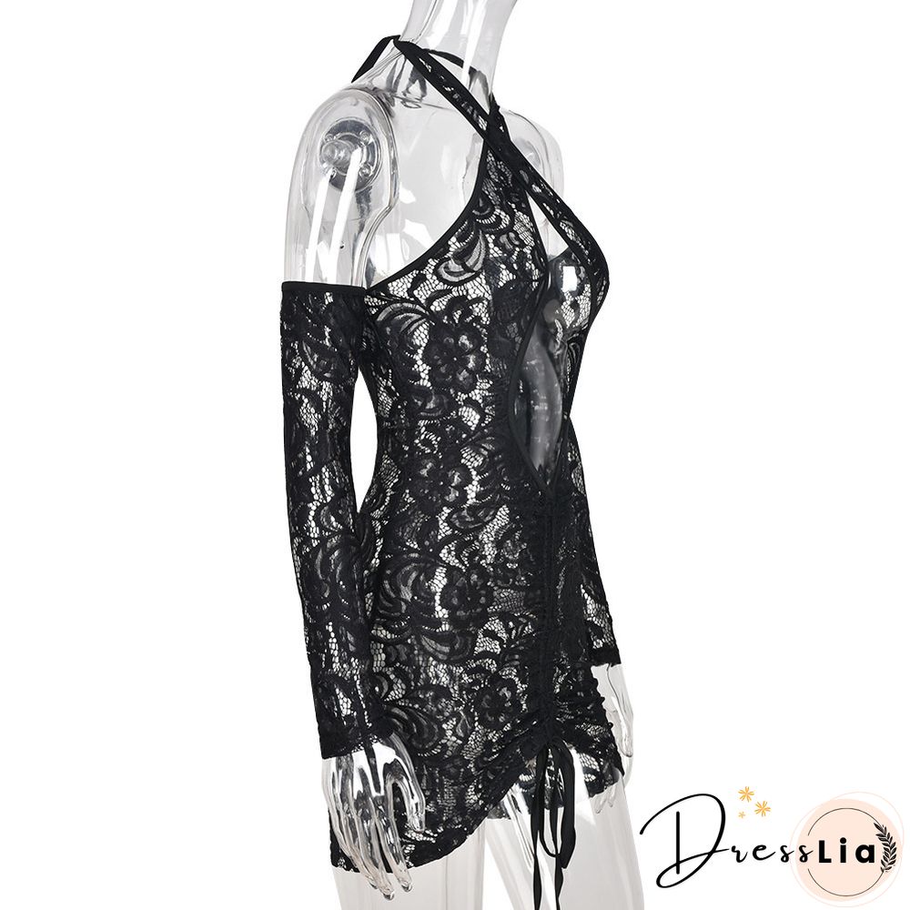 Lace Drawstring Ruched Long Sleeve Backless Dresses