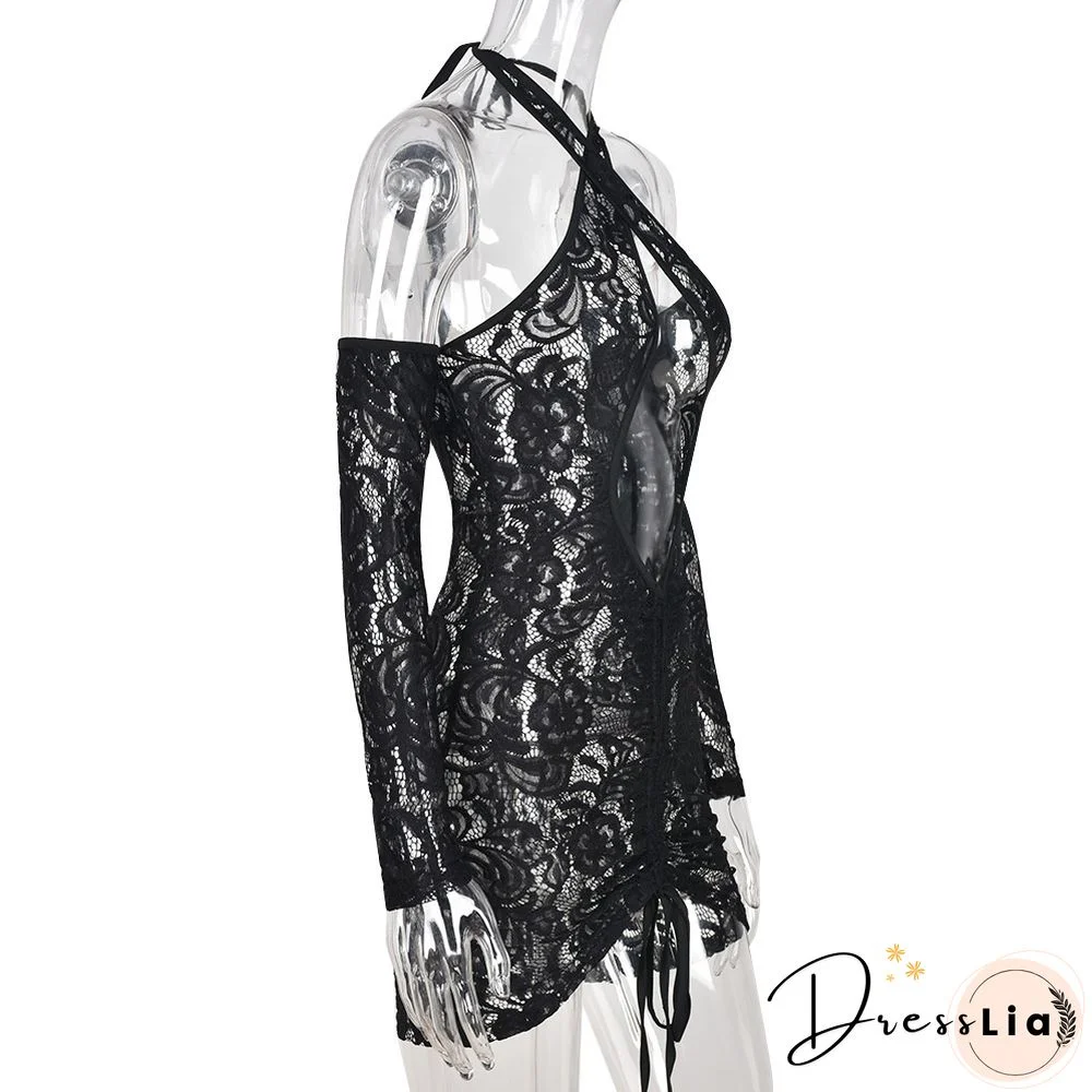 Lace Drawstring Ruched Long Sleeve Backless Dresses