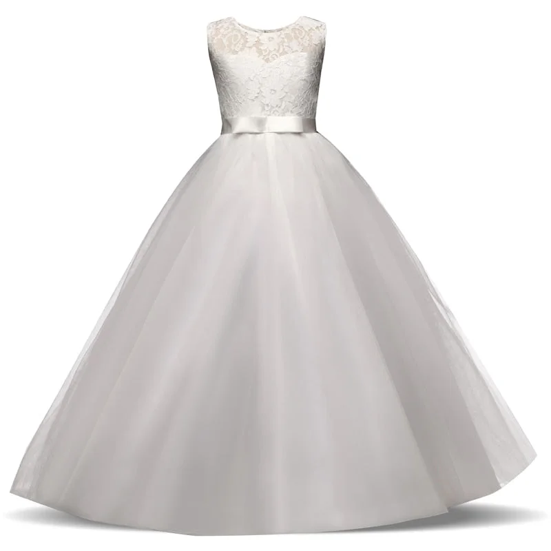 New Princess Lace Dress Kids Flower Embroidery Dress For Girls Vintage Children Dresses For Wedding Party Formal Ball Gown 14T