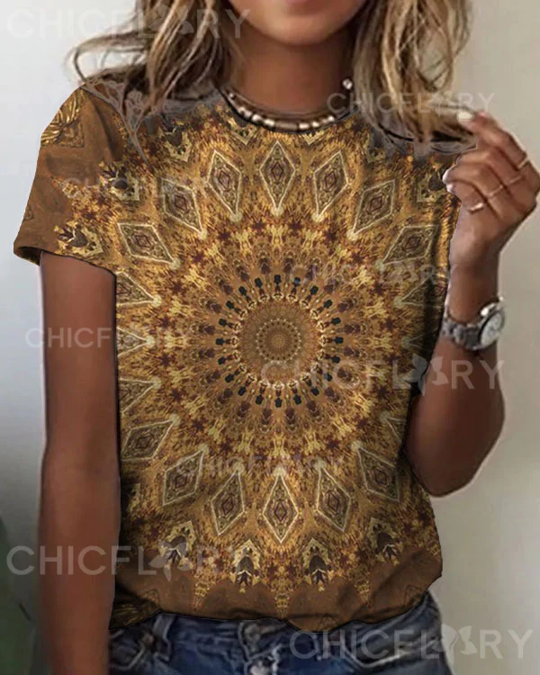 Women's Mandala Floral Pattern Crew Neck T-shirt