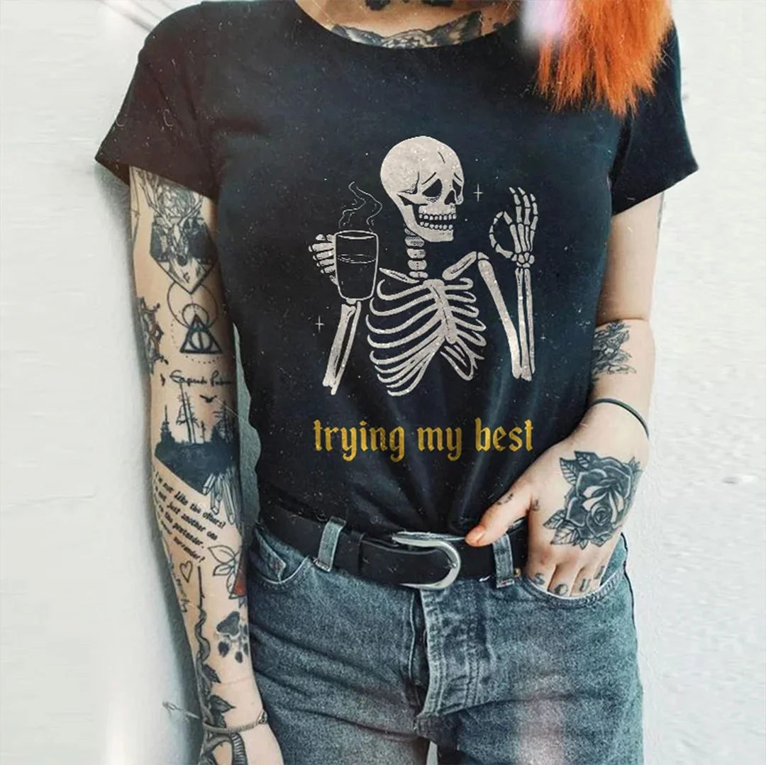 Trying My Best Coffee Skull Casual Graphic   Black Print Regular-fit T-shirt