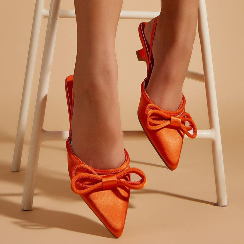 Orange Satin Pointed Toe Kitten Heel Slingback Pumps with Bow Nicepairs