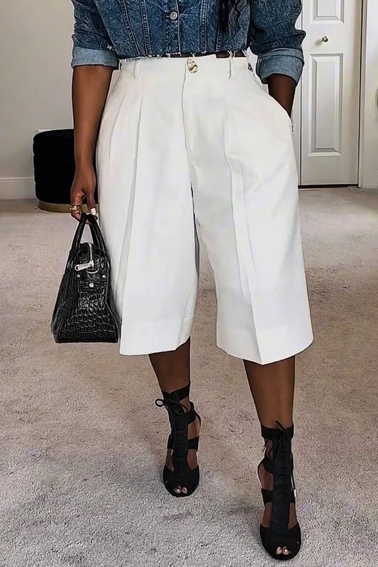 Plus Size Business Casual White Casual Pocket Capri Pants [Pre-Order] 2024 - Xpluswear