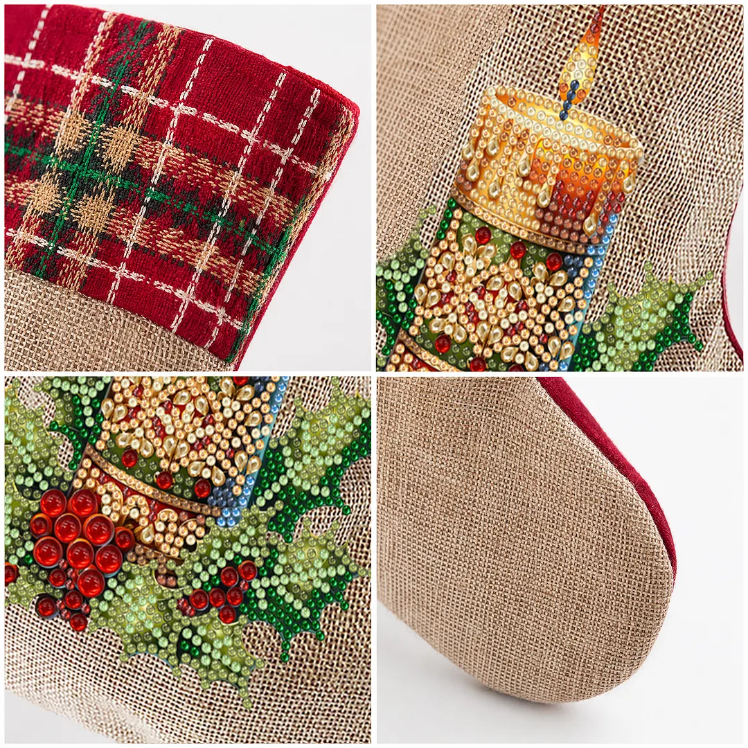 DIY Diamond Painting Christmas Stockings Hanging Ornaments Large Capacity Xmas Socks Pendant Wear Resist Candy Gift Storage Bags for Family Christmas Holiday Party Decoration (Christmas candles)