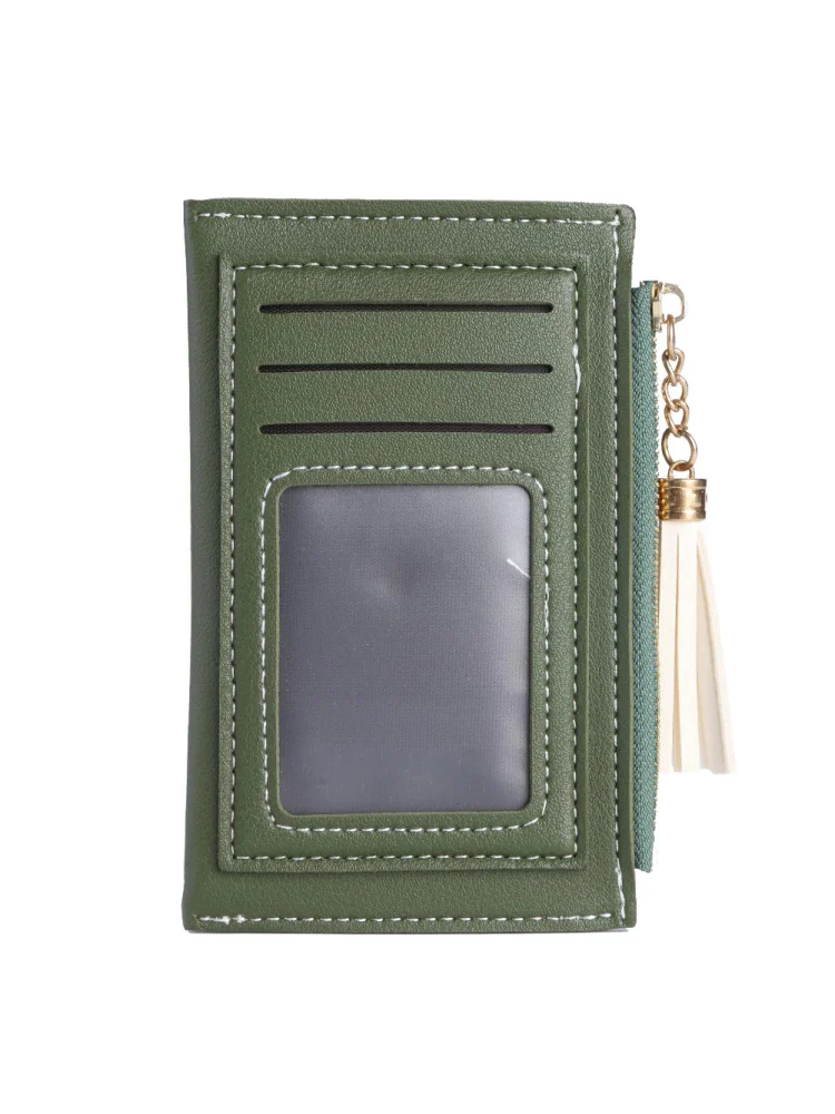 PU Solid Wallet Card Holder Bag Women Tassel Multi-slot Mini Purse (Green)