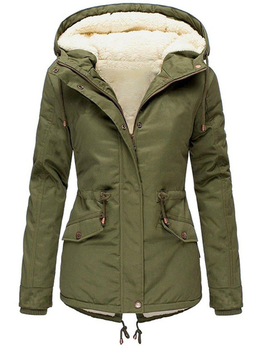 Women's Thick Solid Color Hooded Parka Cotton Coat-1011-01