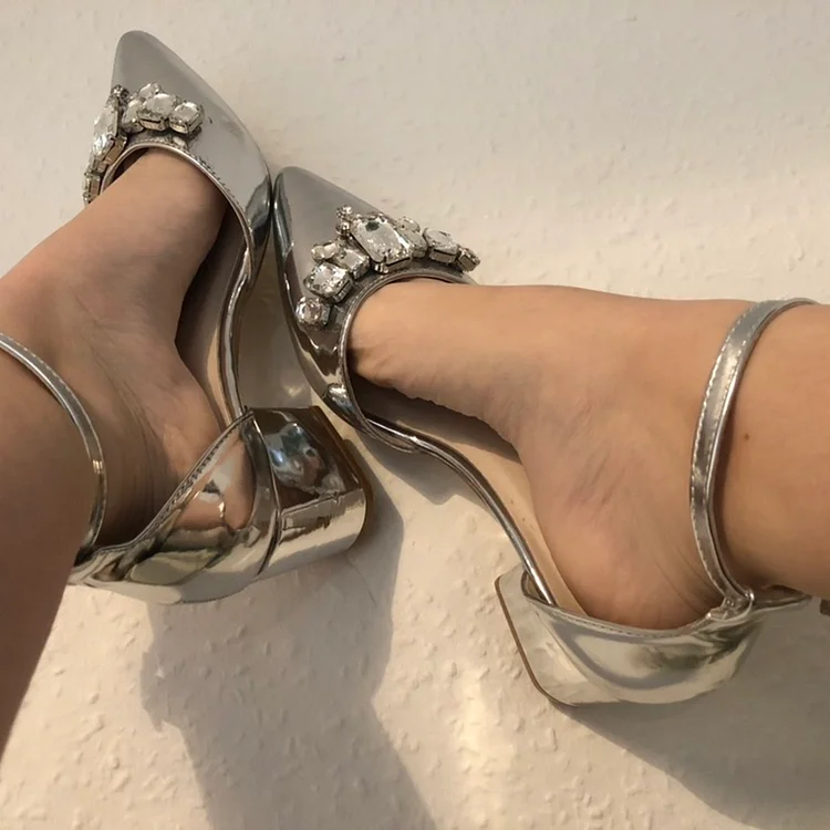 Silver Rhinestone Ankle Strap Pointed Toe Block Heel Pumps |FSJ Shoes