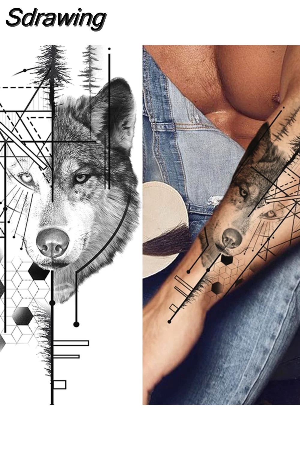 Sdrawing Forest Tattoo Sticker For Men Women Children Tiger Wolf Death Skull Temporary Tattoo Fake Henna Skeleton King Animal Tatoo 430-0