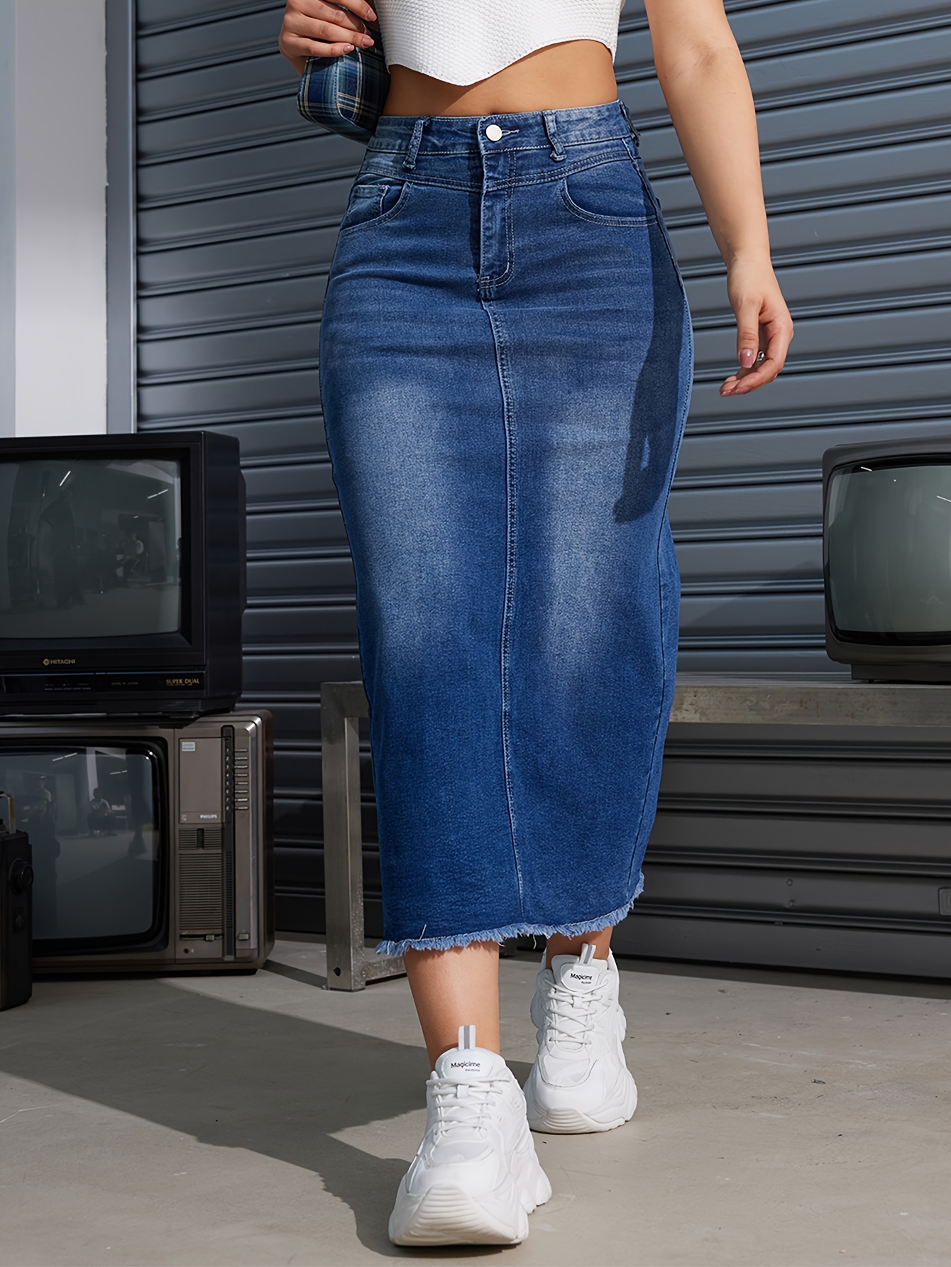 Women's High-Waisted Casual A-Line Denim Skirt With Split - Light Blue, Rayon Blend, Stretchy Fabric, Regular Fit, No Belt, Spring/Summer/Fall Style, Casual Attire | Casual Style | Stretchy Fabric | IFYHOME