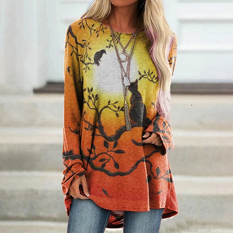 Vefave Sunset Cat Print Crew Neck Casual Tunic