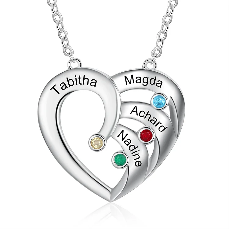 Personalized Heart Necklace with 4 Birthstones Family Necklace