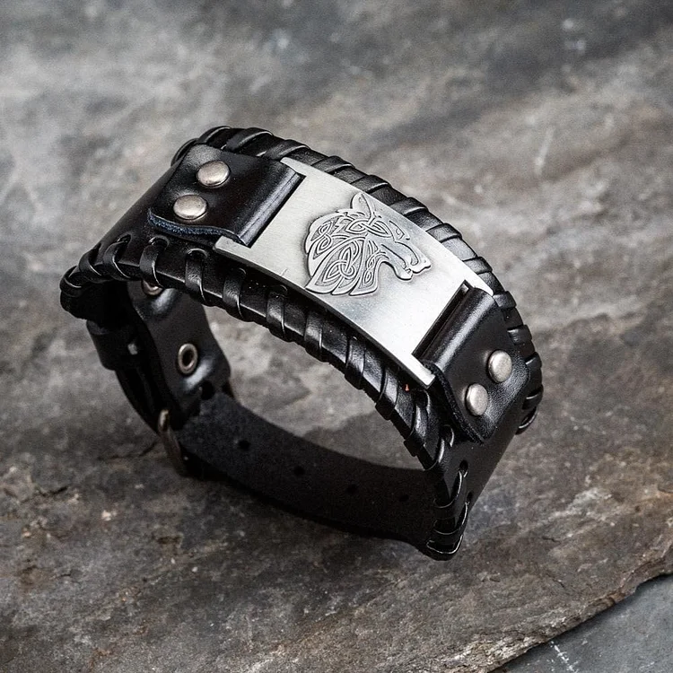 Coutureaura Genuine Leather Buckle Arm Cuff Wolves Metal Bracelet