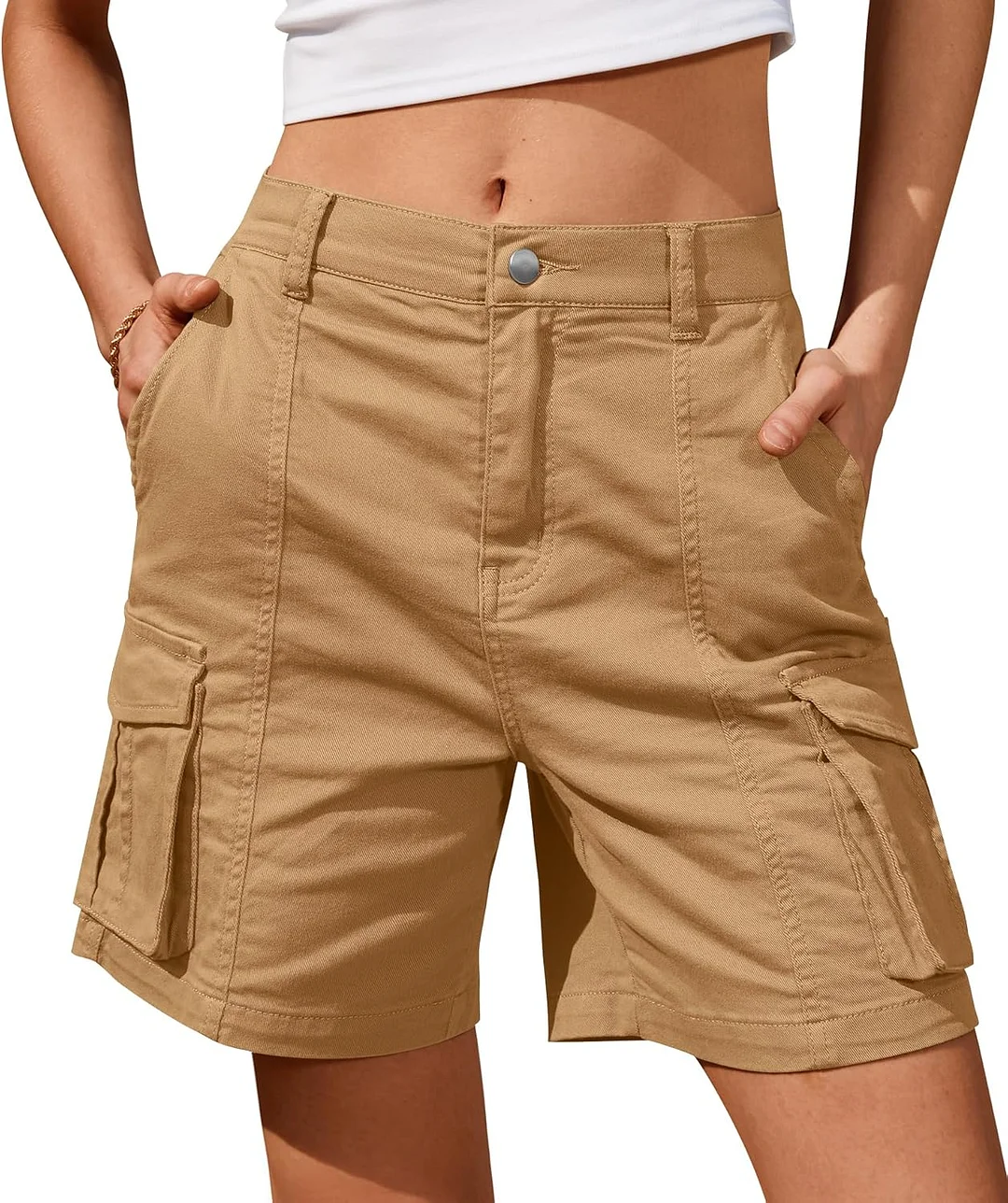 Bermuda Cargo Shorts for Women Knee Length 6 Pockets Elastic Waist Long Shorts for Summer Casual