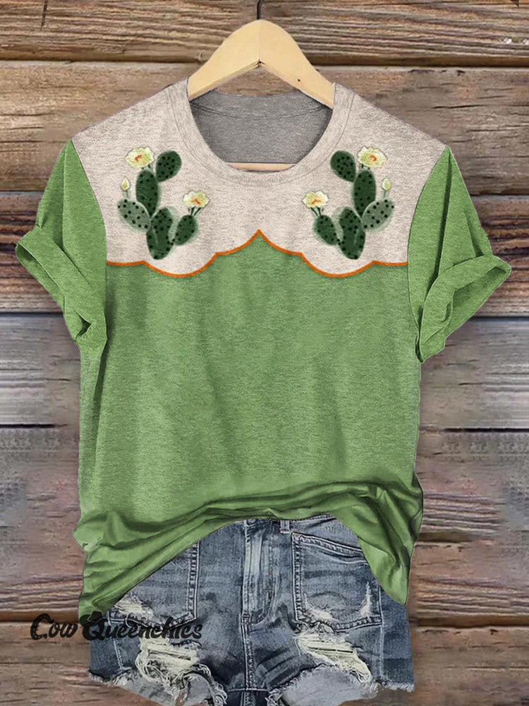 Western Art Print Round Neck Short Sleeves T-shirt Multicolor / S