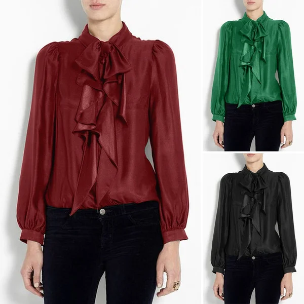 ZANZEA Silk Women Satin Ruffle Blouse Ladies Silk Shirt Lace-up Plus Size Black Green Shirts for Female 6#