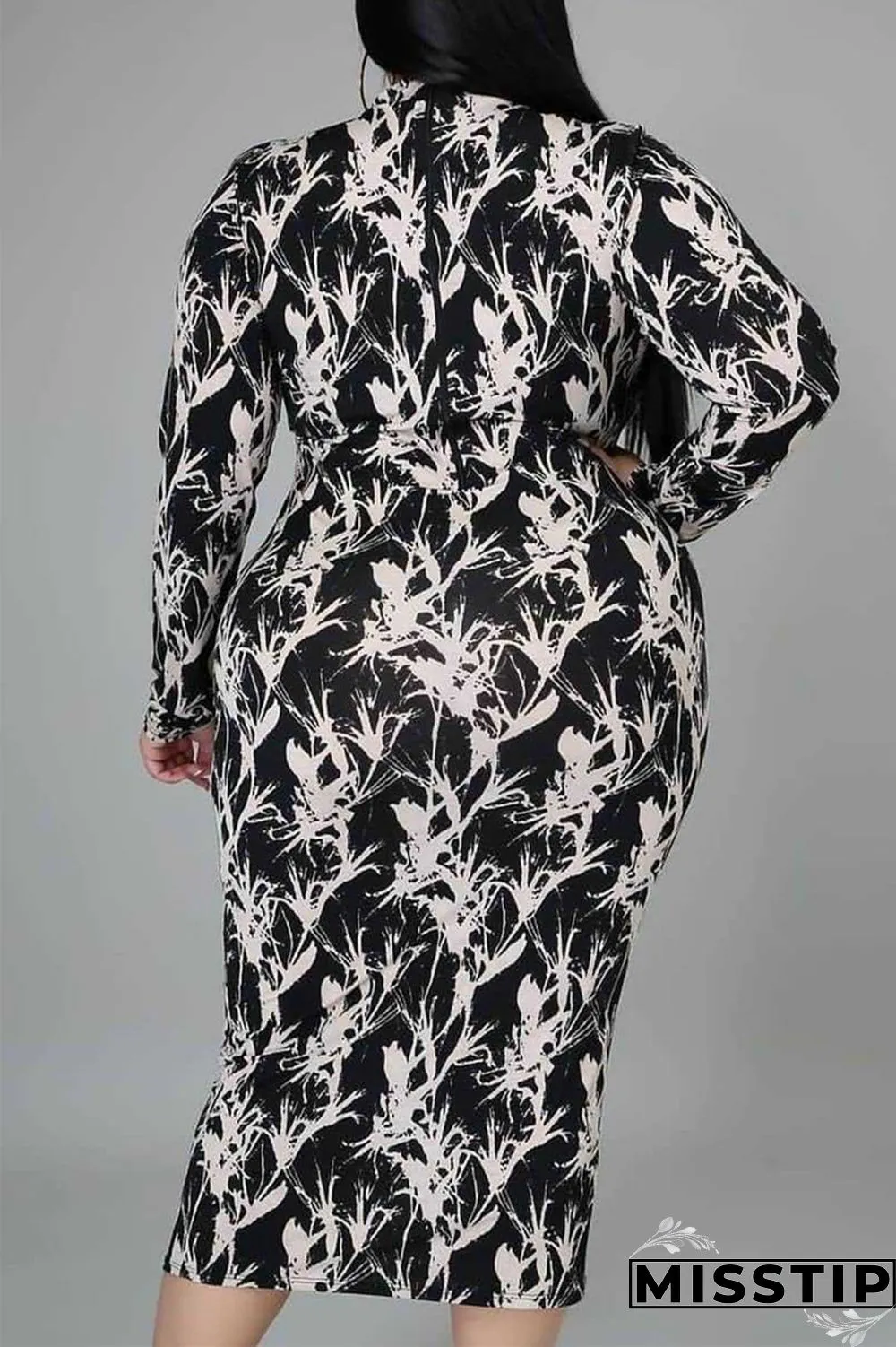 Multicolor Fashion Casual Print Basic O Neck Long Sleeve Plus Size Dresses