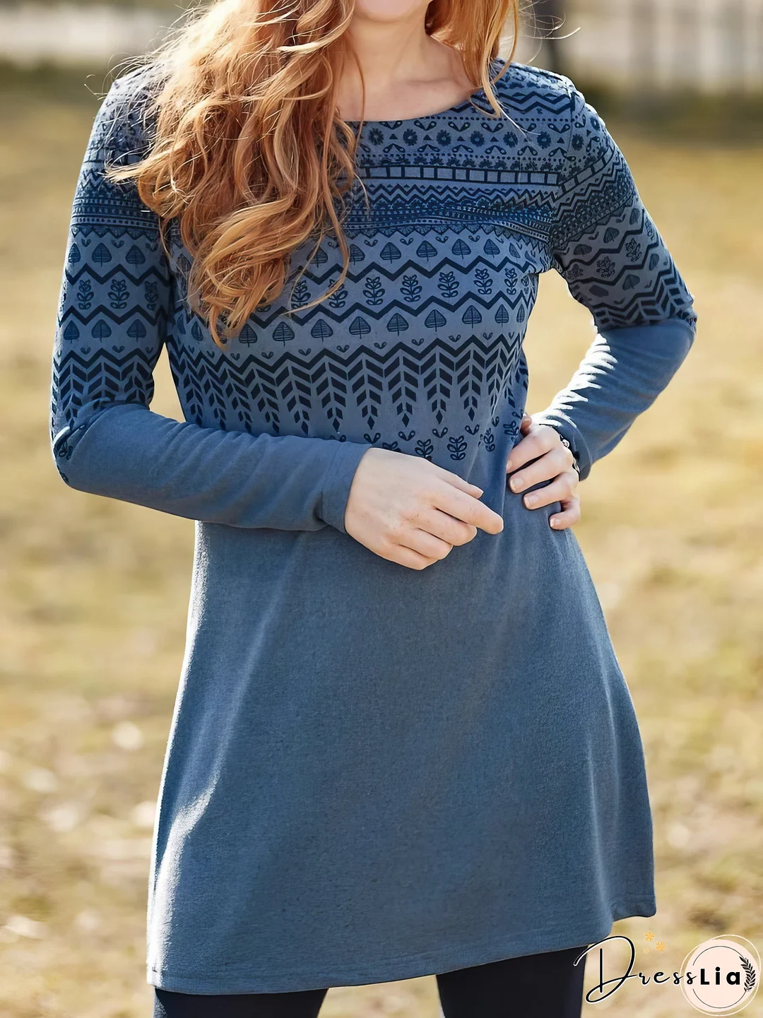 Vintage Printed Round Neck Long Sleeve Dress