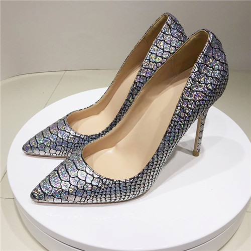 VCshoes Silver Snake Pattern Pointed High Heels Exquisite Shoes 12cm High Heel Ladies Party Shoes YG023