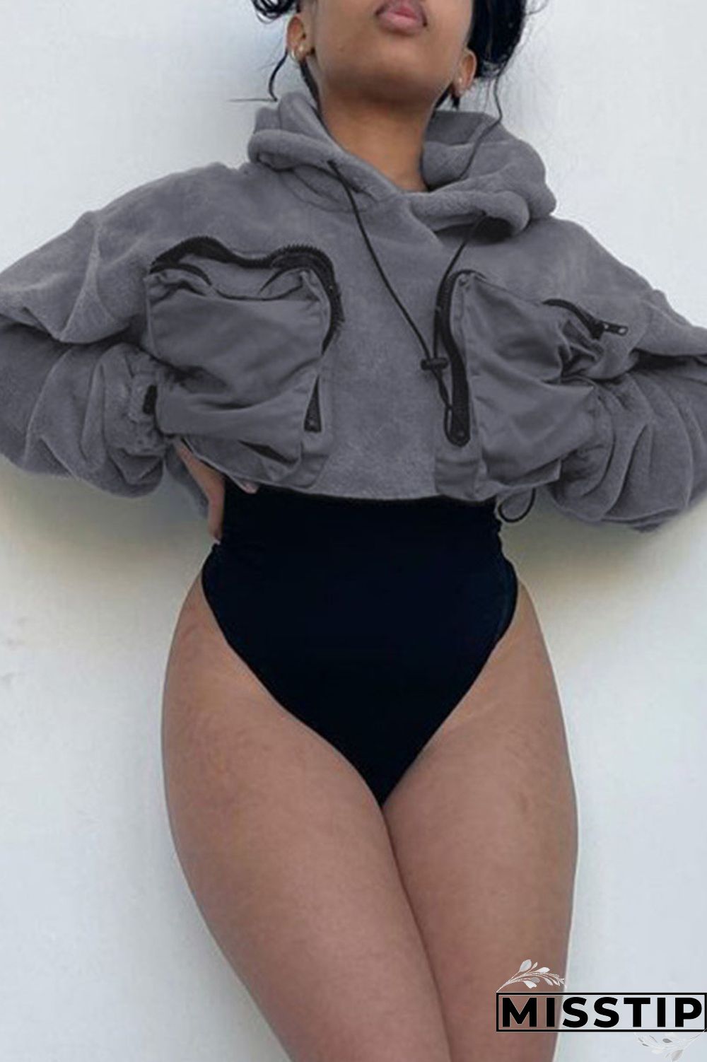 Grey Casual Solid Patchwork Pocket Hooded Collar Tops