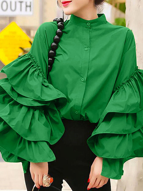 Art Loose Green Mock Neck Buttoned Layered Ruffle Flared Long Sleeve Blouse
