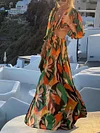 Floral-Print Long Sleeves Backless Maxi Dress