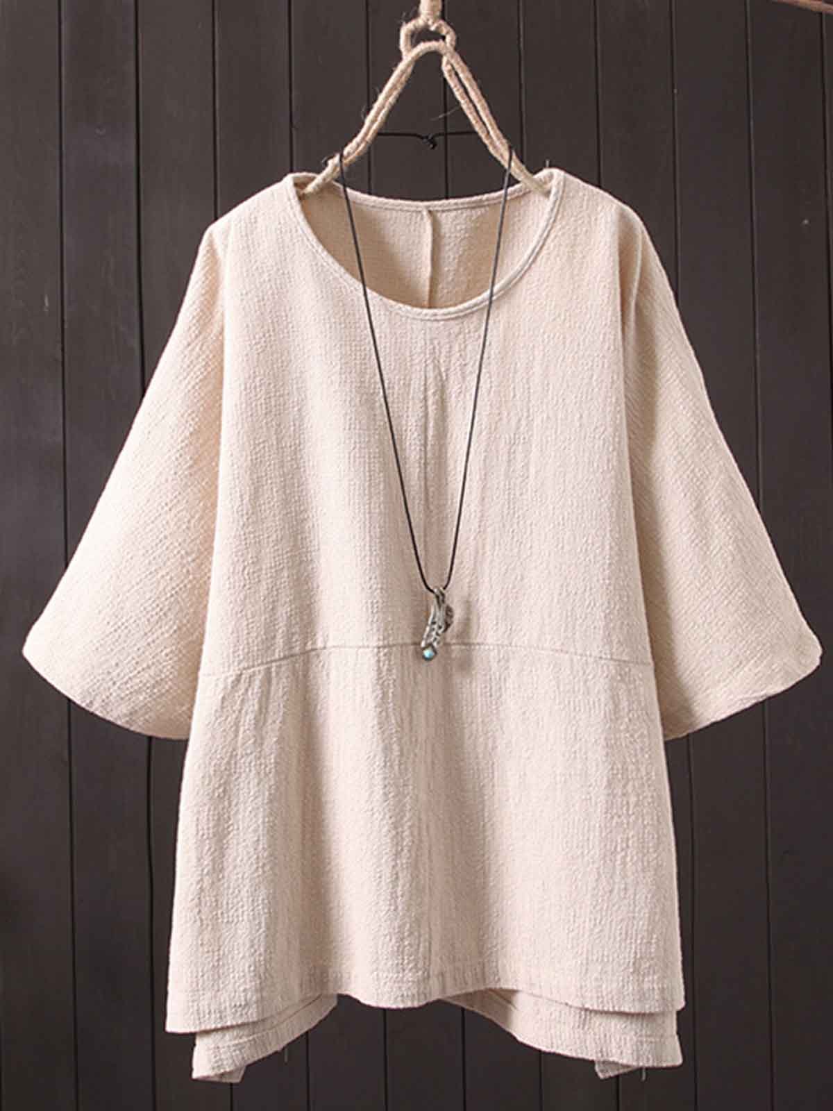 Casual Cotton-Blend Round Neck Tops for Woman