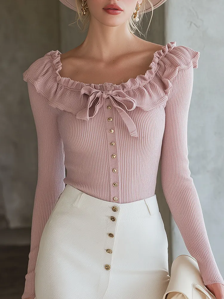 Elegant Pink Ruffled Collar Button-down Knit Shirt