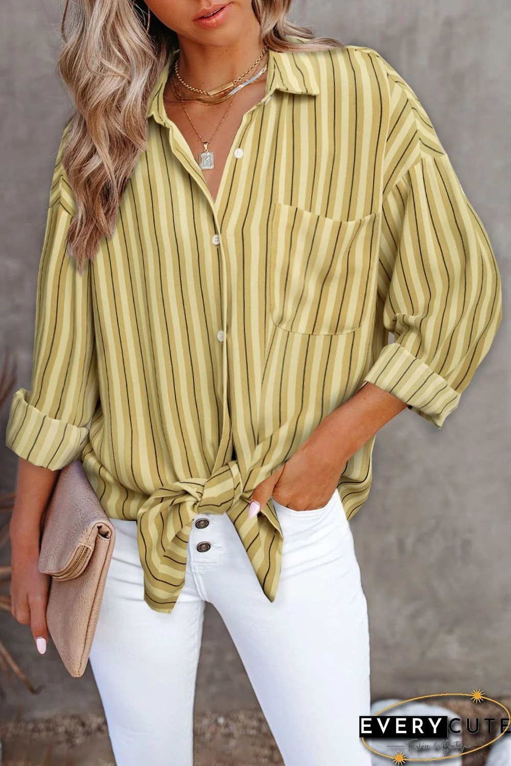 Yellow Striped Buttons Closure Long Sleeve Shirt