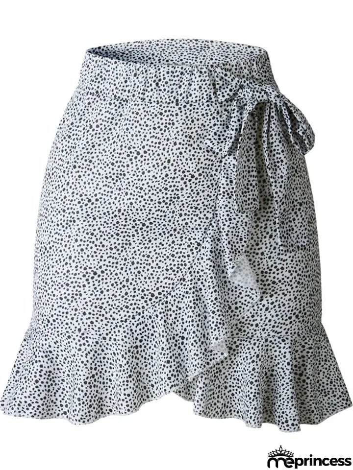 New Summer Multi Dot Print Slim Ruffle High Waist Bow Tie Skirts