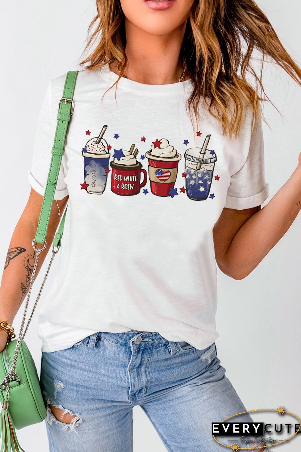 White Coffee Cups Graphic Print 4th of July Graphic T Shirt