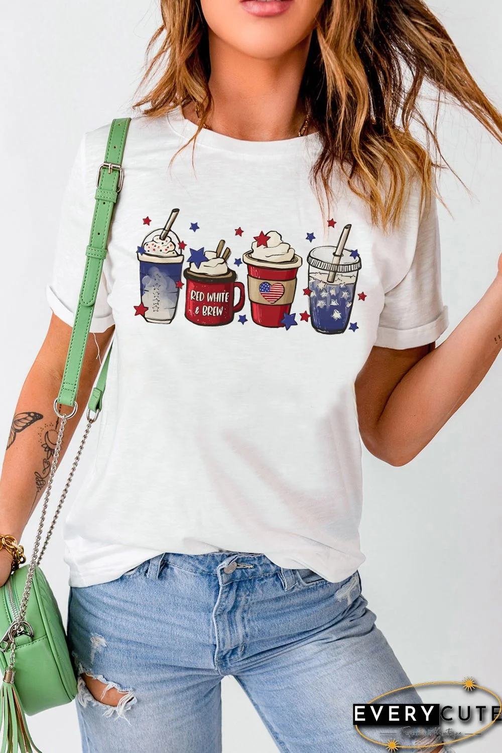White Coffee Cups Graphic Print 4th of July Graphic T Shirt