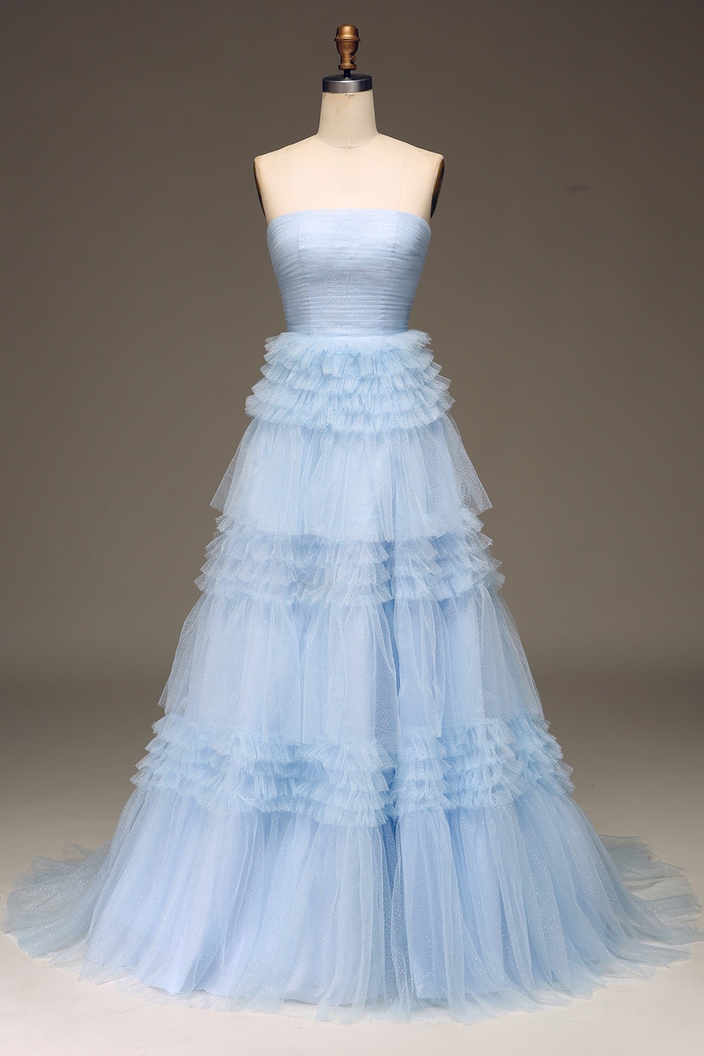 Ovlias Chic Blue Strapless Layered Tulle Layered Backless Prom Dress LY0596