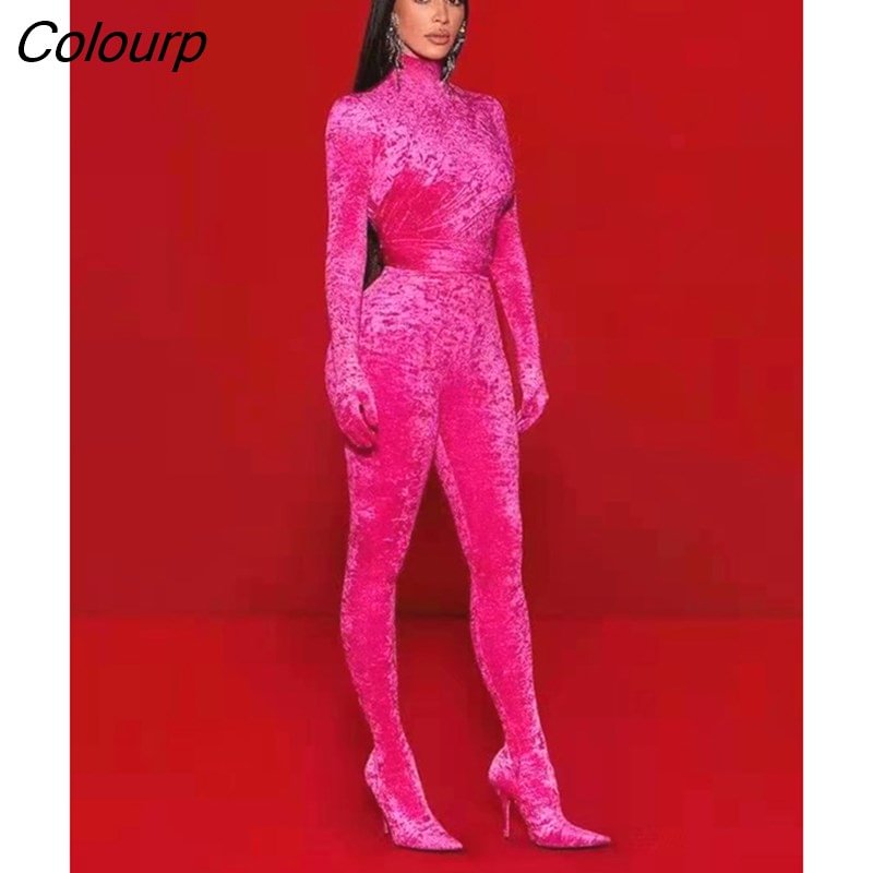 Colourp Fashion Jumpsuit Rosered Color Velvet Women Long Sleeve Sexy Bodycon Full Length Jumpsuit Red Carpet Wear