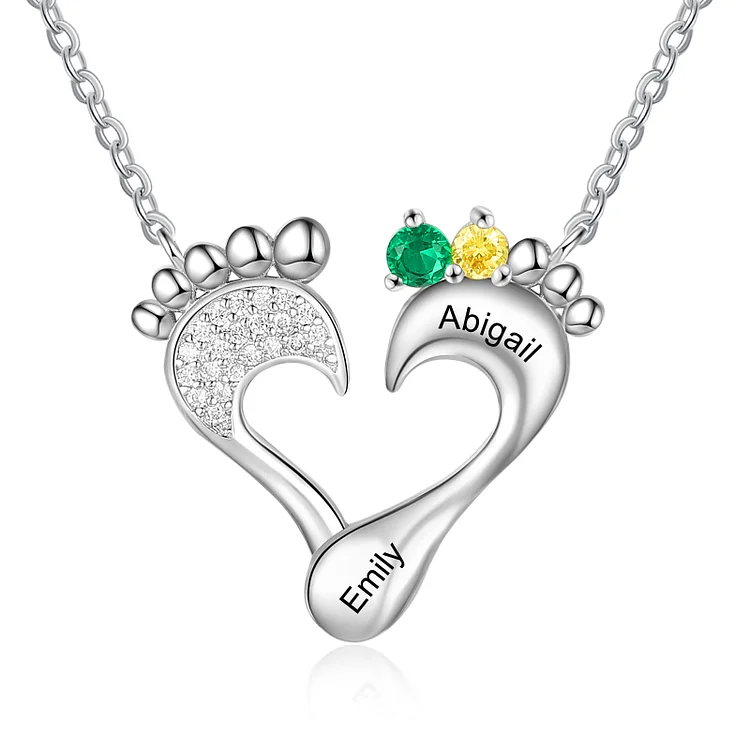 Personalized Heart Baby Feet Necklace with 2 Birthstones Engraved Names for Mom