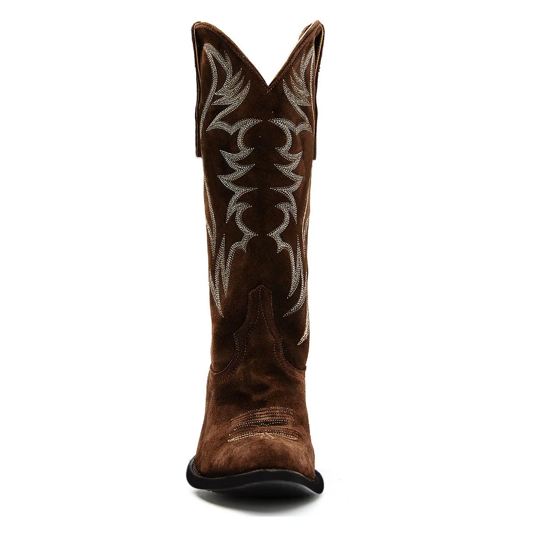 Dark Brown Pointed Toe Embroidered Mid-Calf Cowgirl Boots for Women